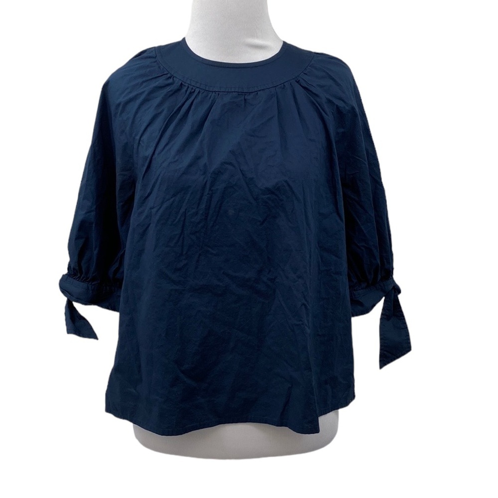 Pearl by Lela Rose Blouse Womens Sz XS Navy Blue Cotton Blend Short‎ Sleeve Bow